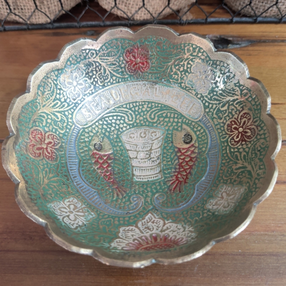 Vintage Enameled Brass Scalloped Edge Bowl - Sea of Galilee